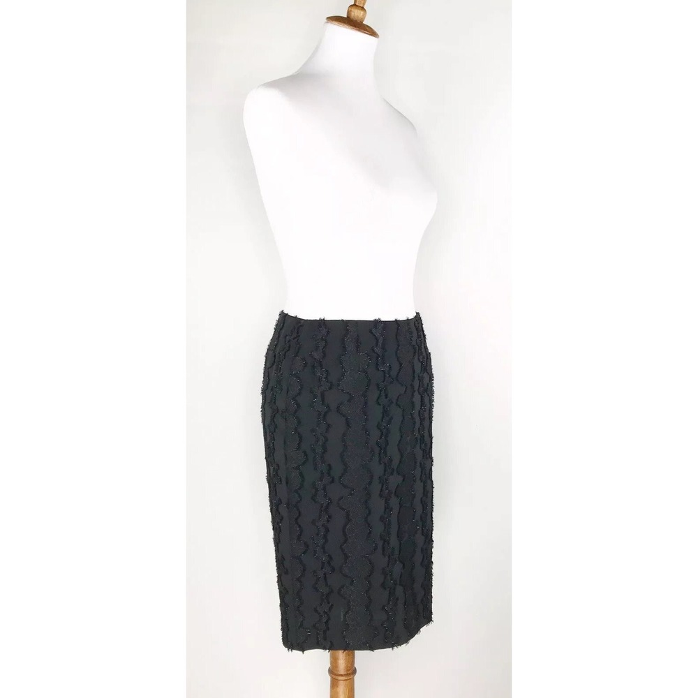 Trina Turk Black‎ Metallic Eyelash Fringe Pencil Skirt Made in USA Womens 4